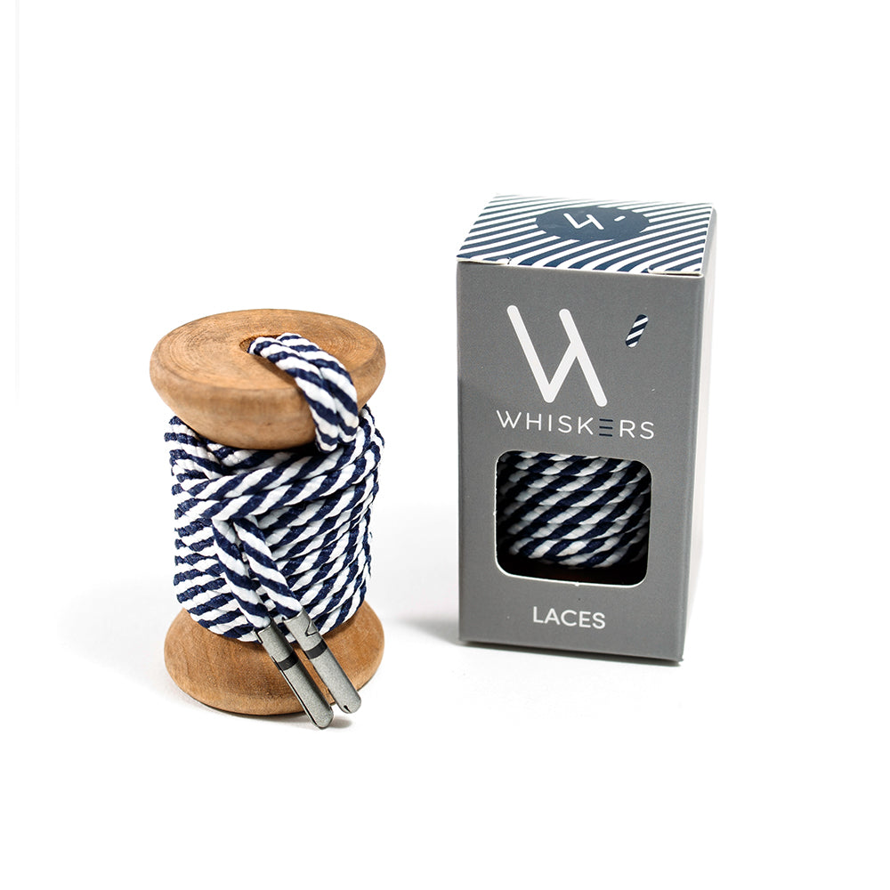 Navy & White Striped Dress Shoelaces w/ Silver Aglets  Whiskers Laces