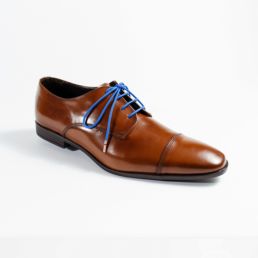 Blue Dress Shoelaces 33" with Brown Dress Shoes | Whiskers Laces