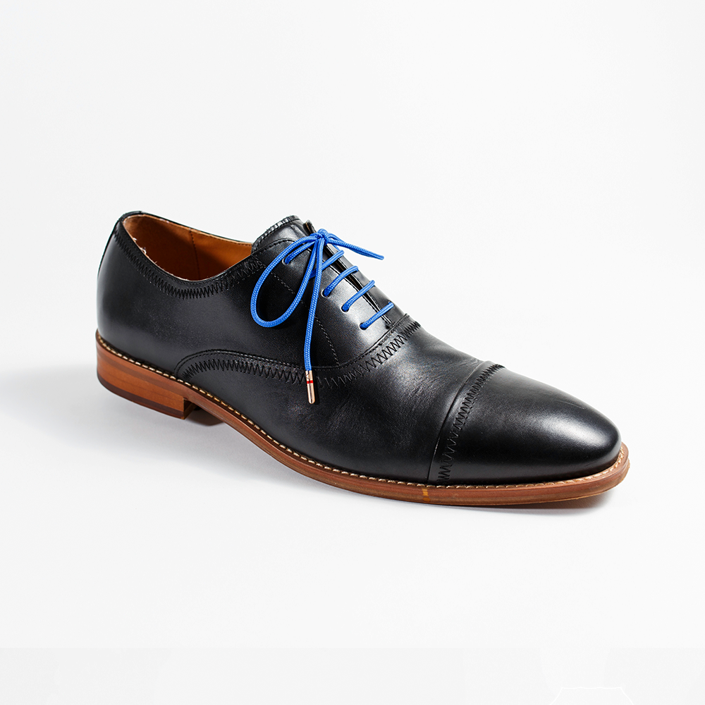 Blue Dress Shoelaces 33" with Black Dress Shoes | Whiskers Laces