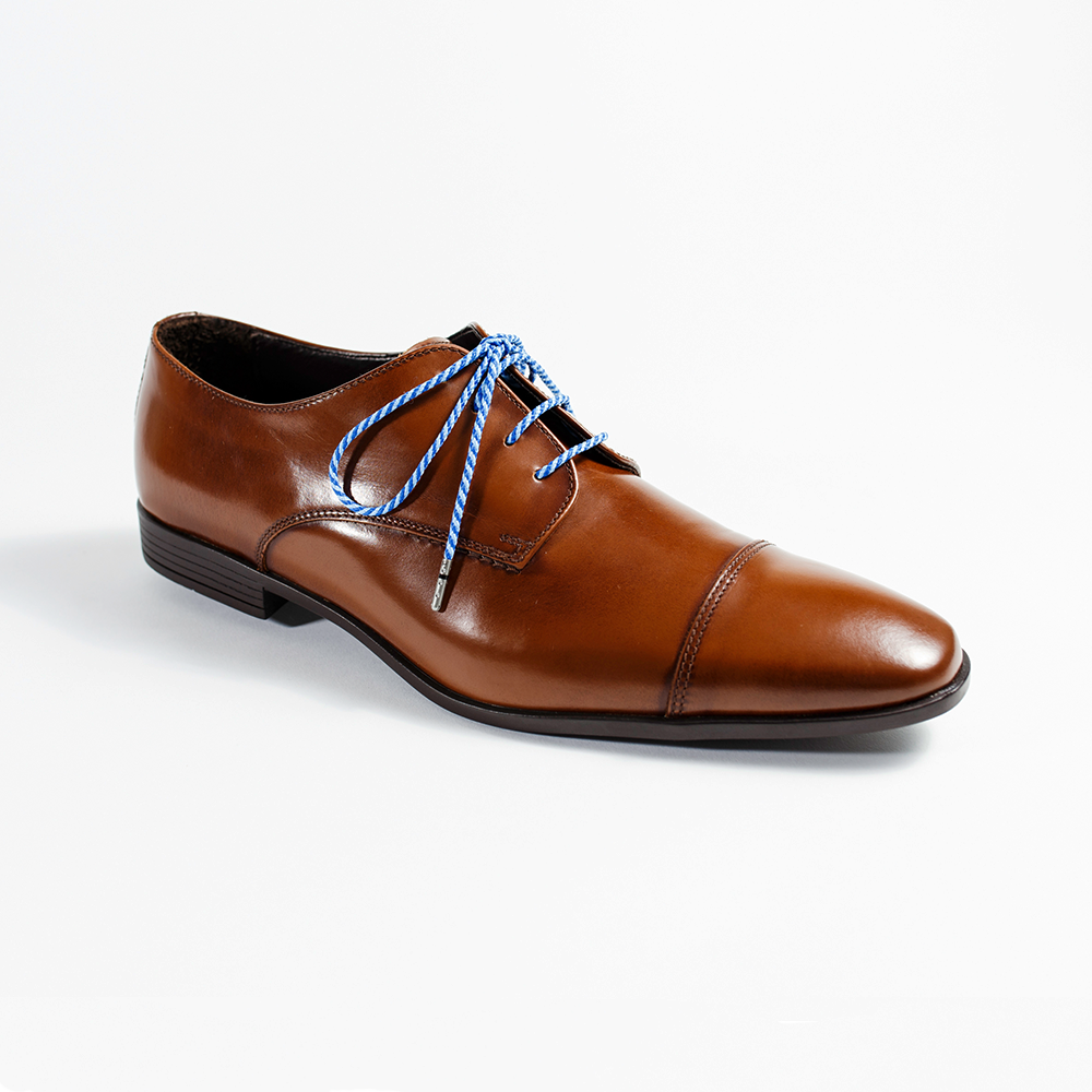 Blue and Light Blue Dress Shoelaces 33" with Brown Dress Shoes | Whiskers Laces