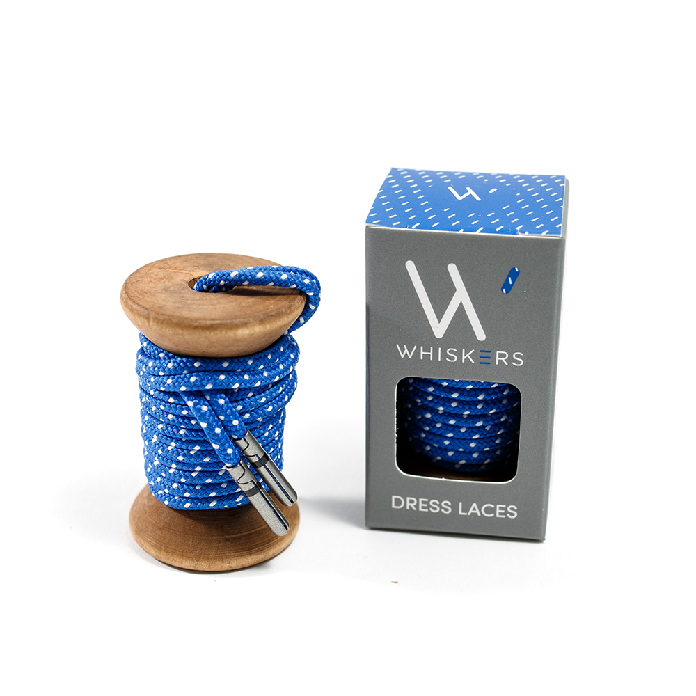 Blue & White Ticked Dress Shoelaces w/ Silver Aglets