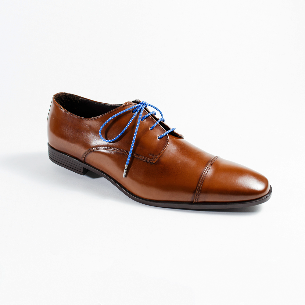 Blue and White Dress Shoelaces 33" with Brown Dress Shoes | Whiskers Laces