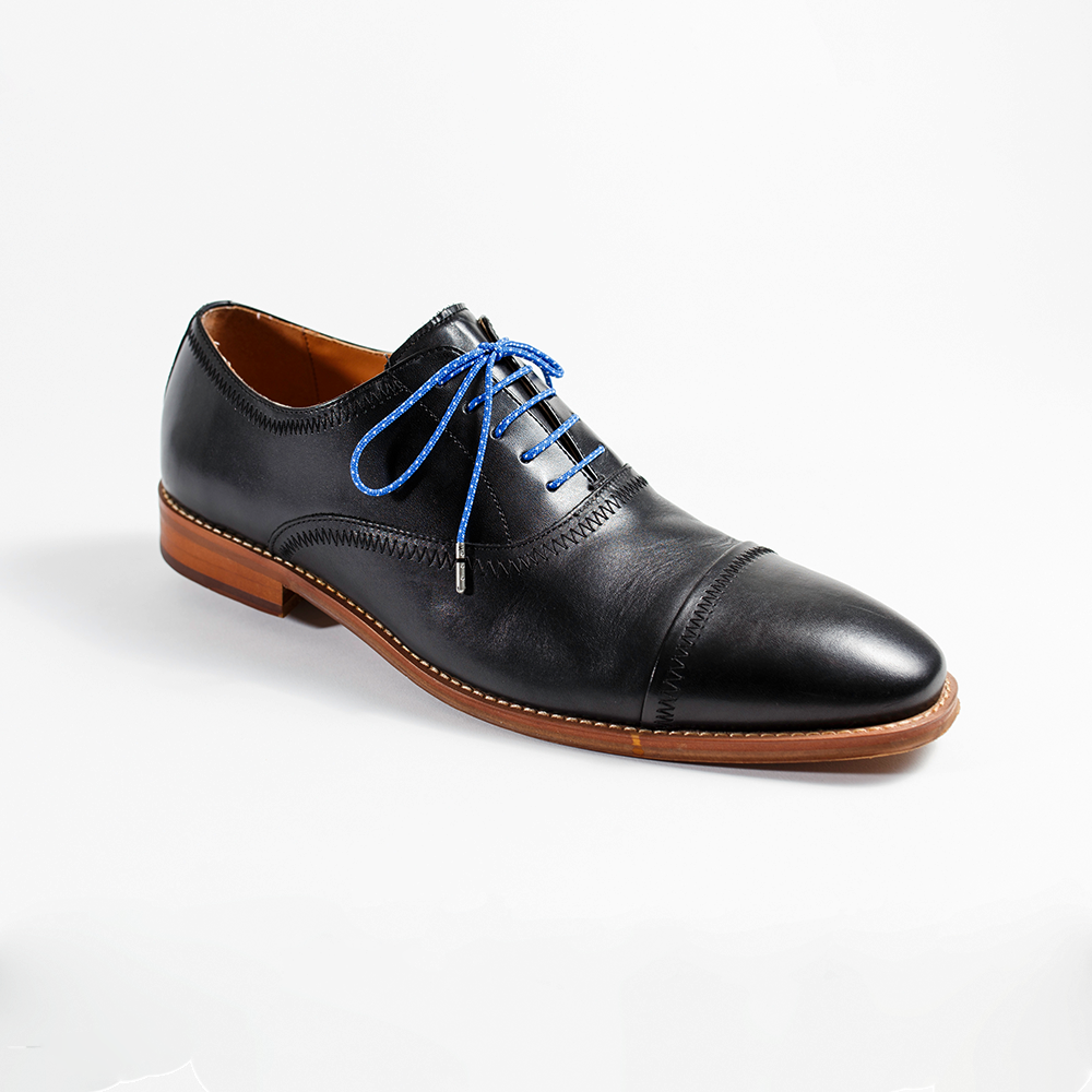 Blue and White Dress Shoelaces 33" with Black Dress Shoes | Whiskers Laces