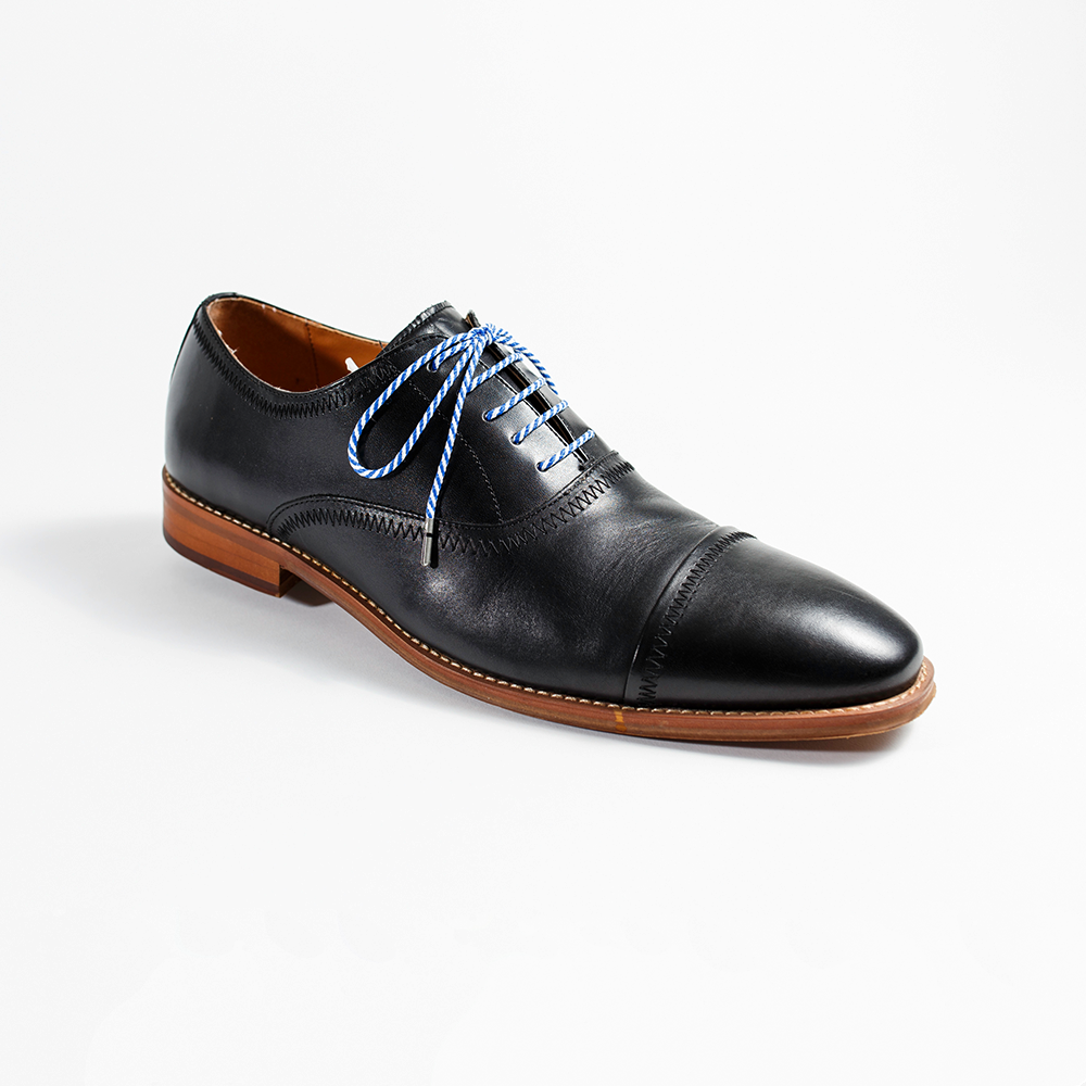 Blue and White Dress Shoelaces 33" with Black Dress Shoes | Whiskers Laces