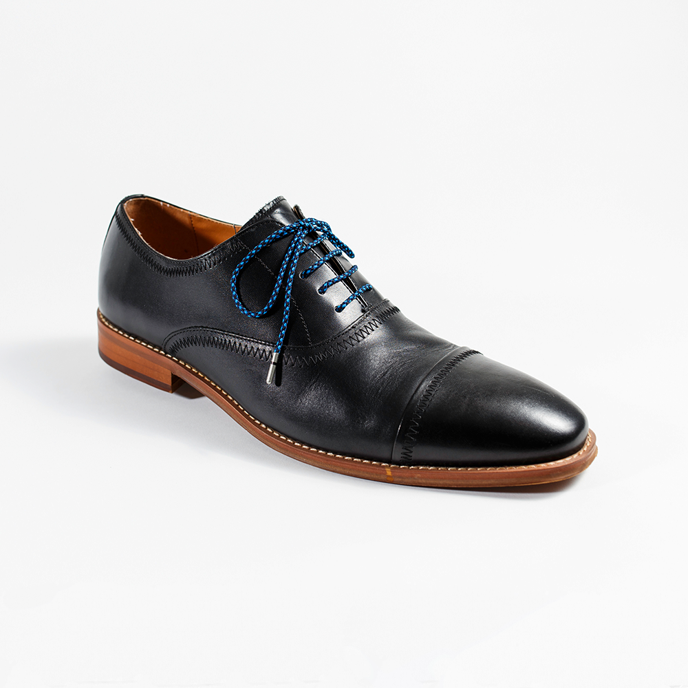 Navy, Denim & Black Dress Shoelaces 33" with Black Dress Shoes | Whiskers Laces