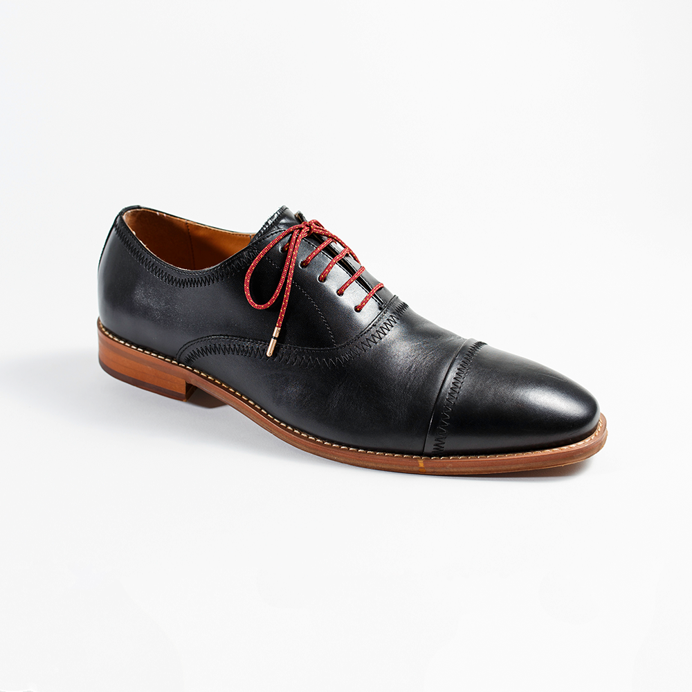 Maroon and Gold Dress Shoelaces 33" with Black Dress Shoes | Whiskers Laces