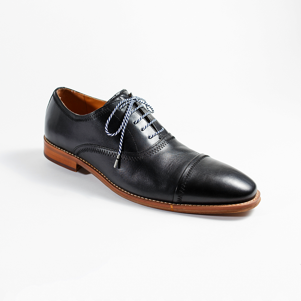 Navy and White Dress Shoelaces 33" with Black Dress Shoes | Whiskers Laces