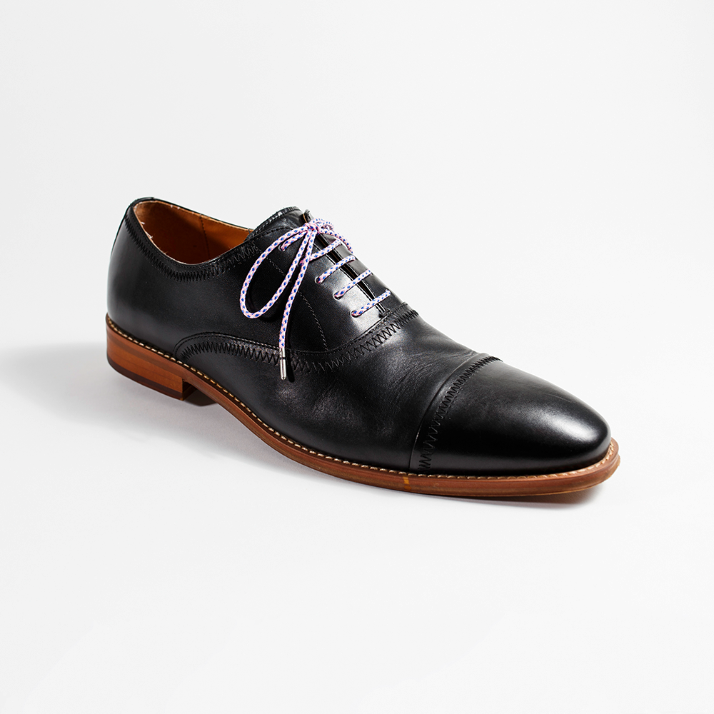 Pink, Blue & White Dress Shoelaces 33" with Black Dress Shoes | Whiskers Laces