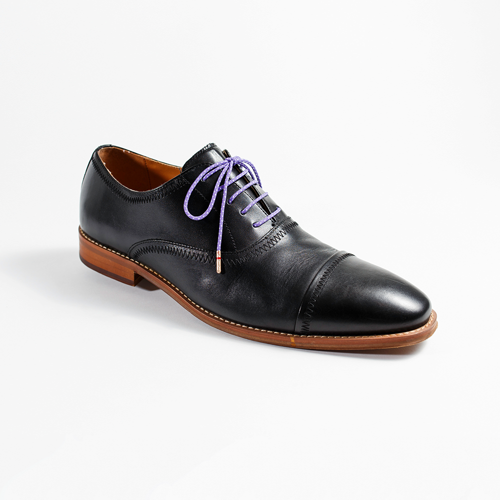 Purple and White Dress Shoelaces 33" with Black Dress Shoes | Whiskers Laces