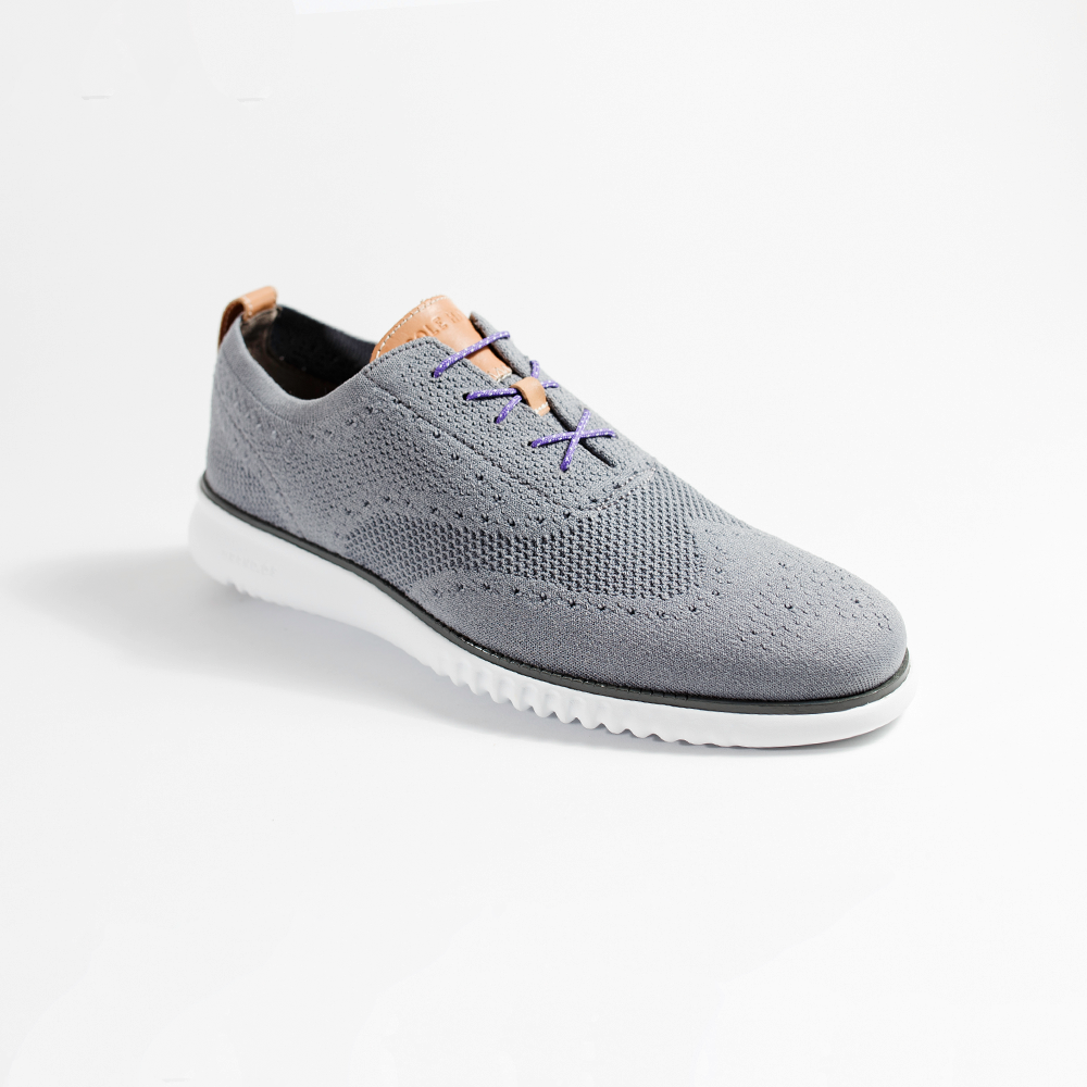 Purple and White Dress Shoelaces 33" with Gray Sneakers | Whiskers Laces