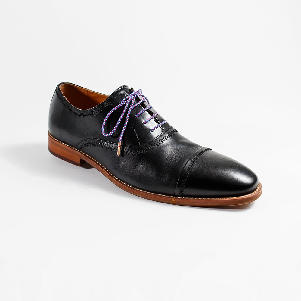 Red, White and Blue Dress Shoelaces 33" with Black Dress Shoes | Whiskers Laces