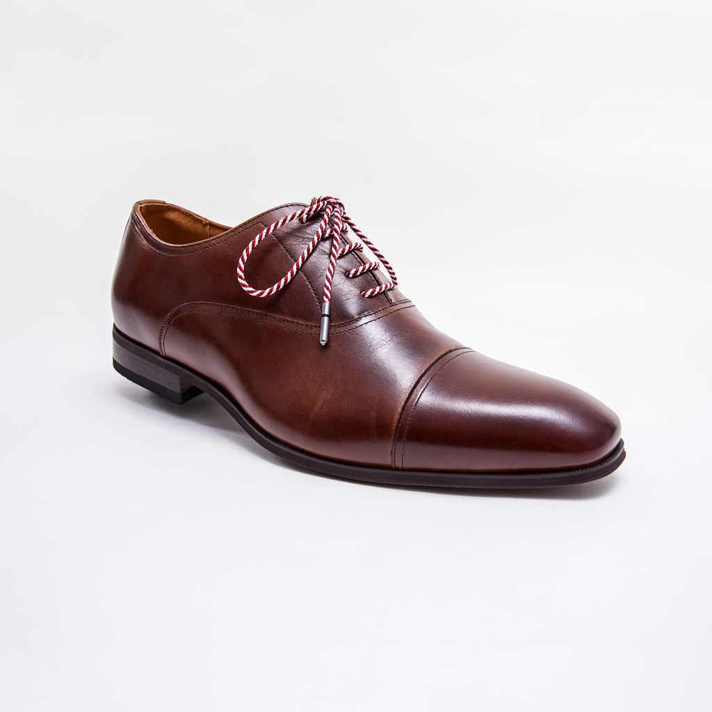 Crimson and White Dress Shoelaces 33" with Brown Dress Shoes | Whiskers Laces